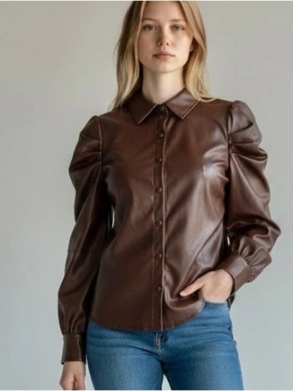 7 for All Mankind Faux Leather Blouse Chocolate Brown Womens XS